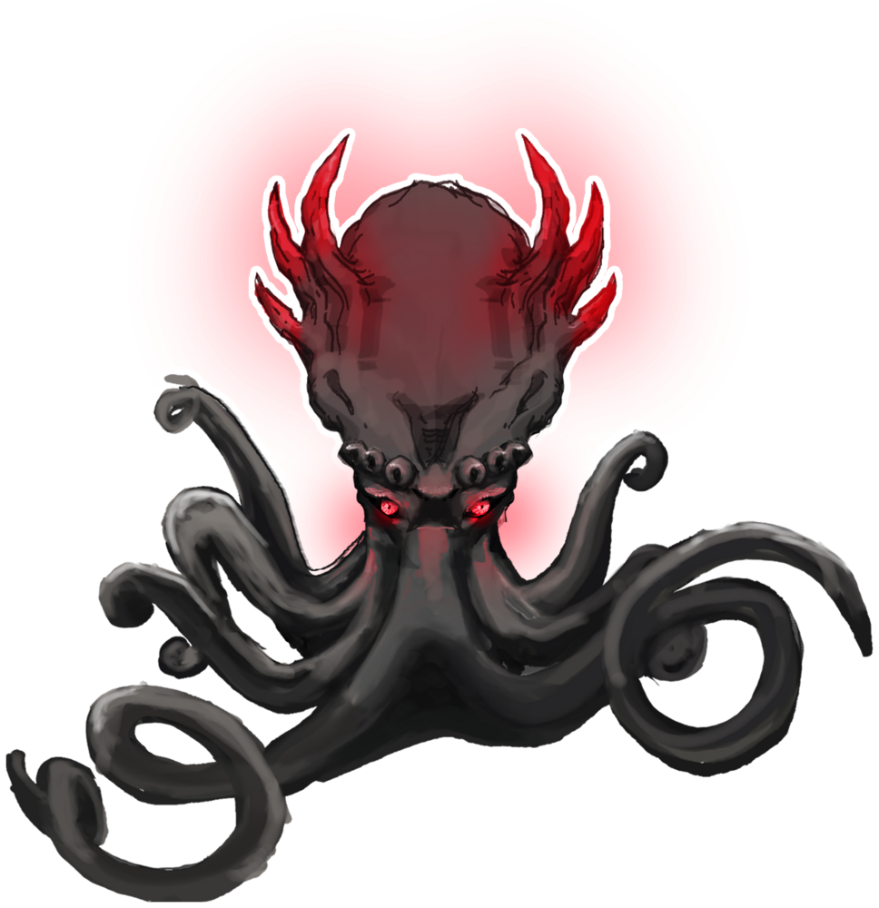 Kraken avec des yeux rouge et 3 cornes de chaque côté du crâne.